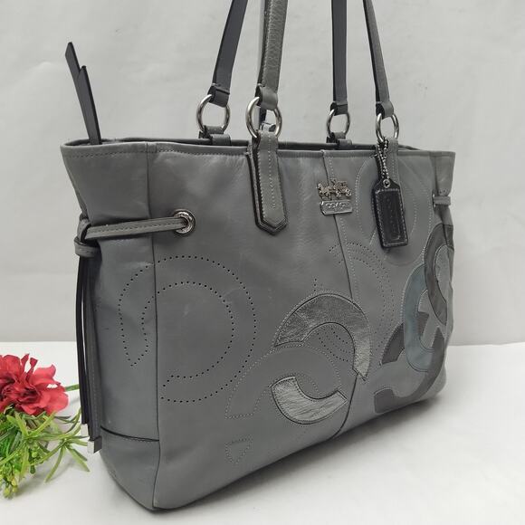 Coach Chelsea Inlaid Gray Leather Charlie Double Handles Zipper Tote Bag - Picture 2 of 16